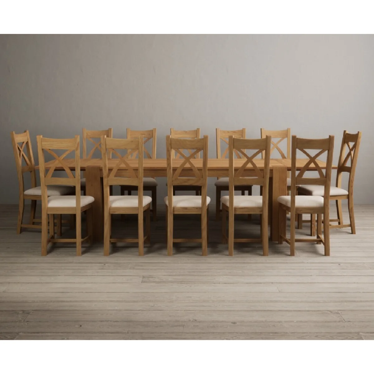 Sheringham 200cm Solid Oak Dining Table with Sheringham Oak Extensions (Pair) with 12 Linen Natural Solid Oak Chairs – image 5