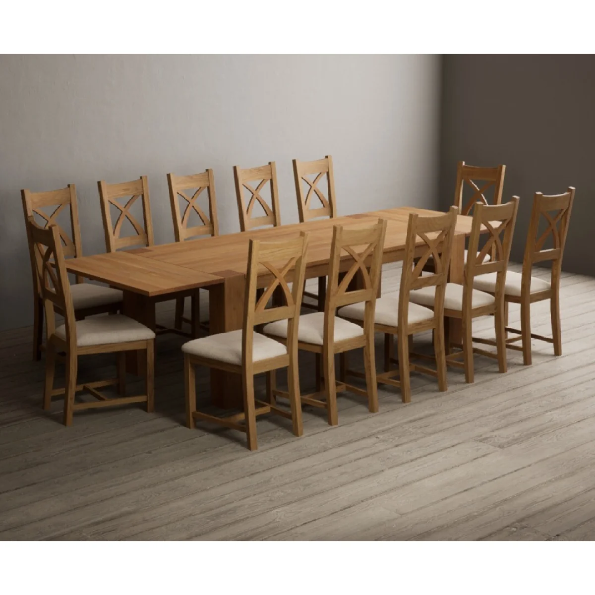 Sheringham 200cm Solid Oak Dining Table with Sheringham Oak Extensions (Pair) with 12 Linen Natural Solid Oak Chairs – image 6