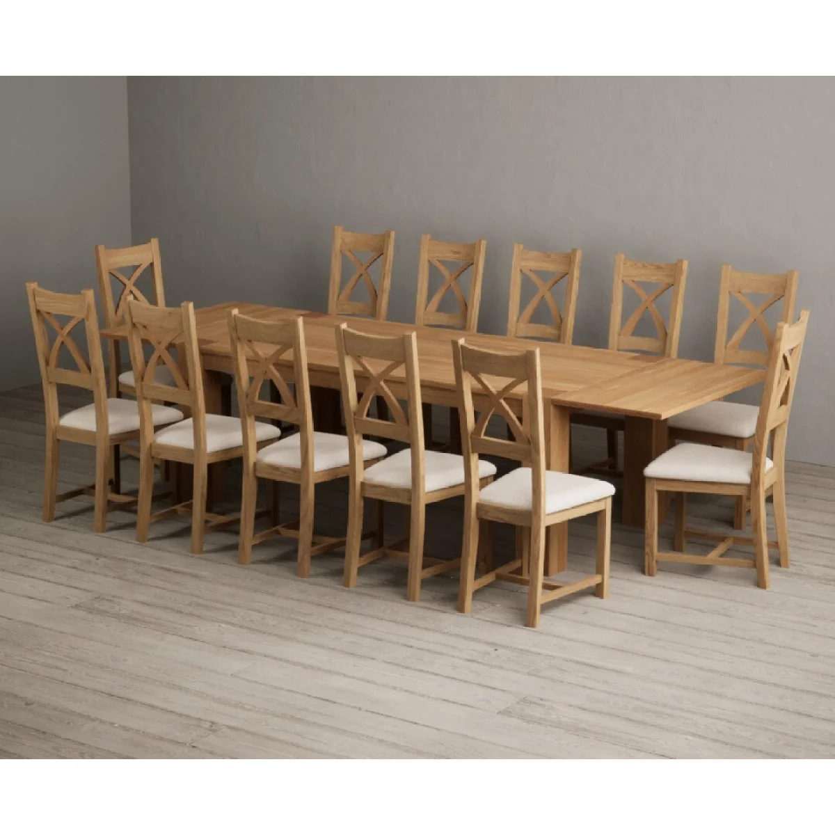 Sheringham 200cm Solid Oak Dining Table with Sheringham Oak Extensions (Pair) with 12 Linen Natural Solid Oak Chairs – image 7