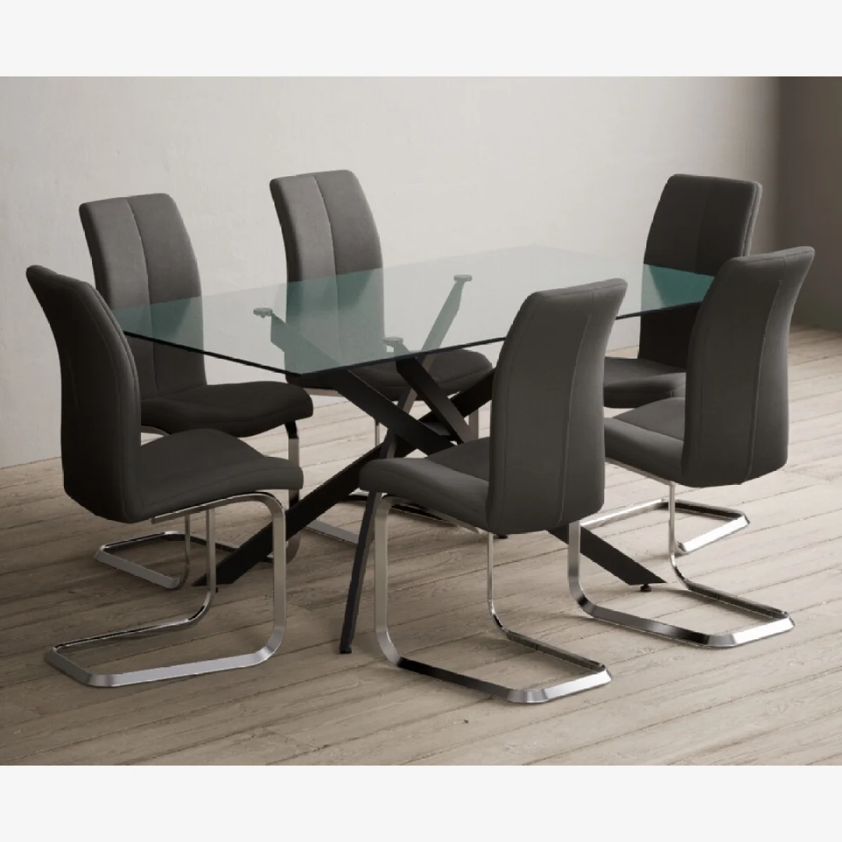 Bernini 160cm Black Leg Rectangular Glass Dining Table with 6 Grey Gianni Chairs