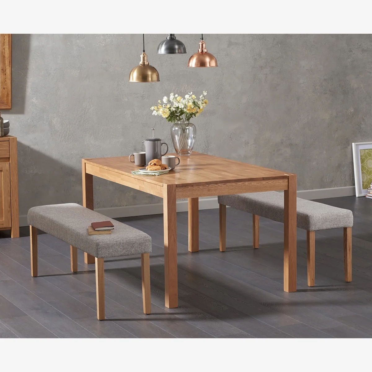 York 150cm Solid Oak Dining Table with 2 Grey Benches