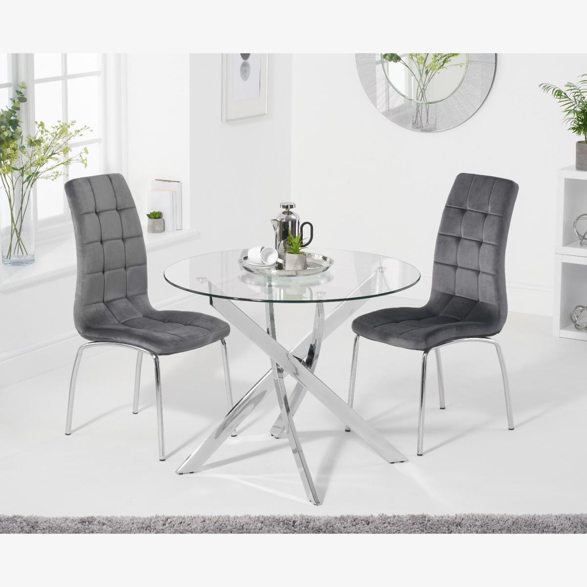 Denver 95cm Glass Dining Table With 4 Grey Calgary Velvet Chairs