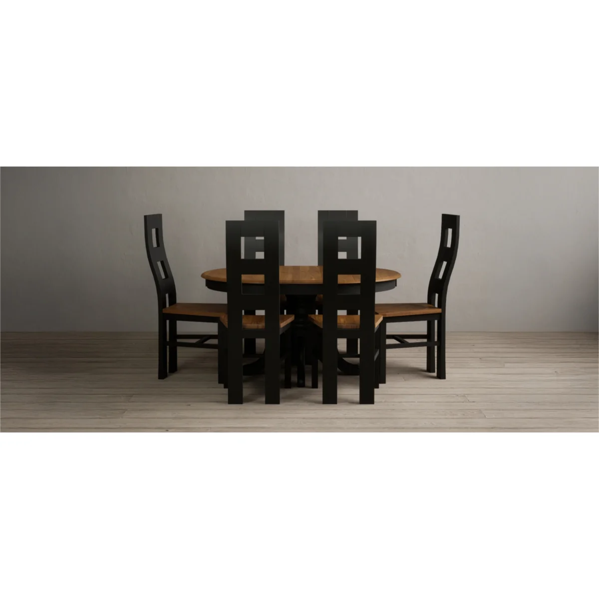 Extending Hertford 100cm - 130cm Oak and Black Painted Pedestal Dining Table with 6 Linen Painted Chairs – image 4