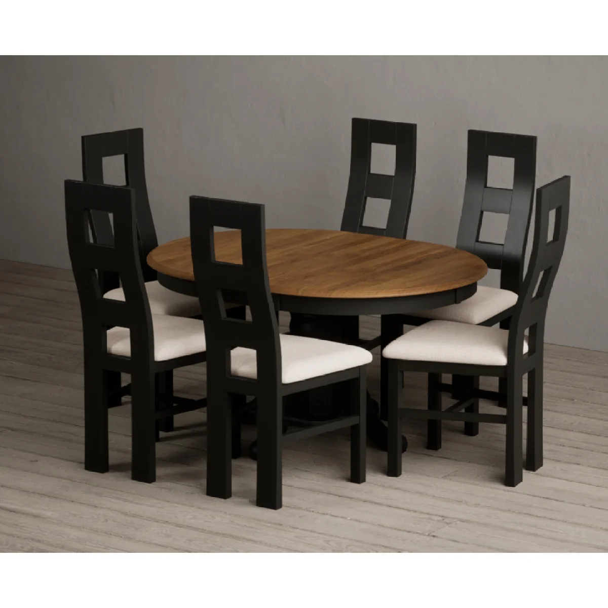 Extending Hertford 100cm - 130cm Oak and Black Painted Pedestal Dining Table with 6 Linen Painted Chairs – image 6