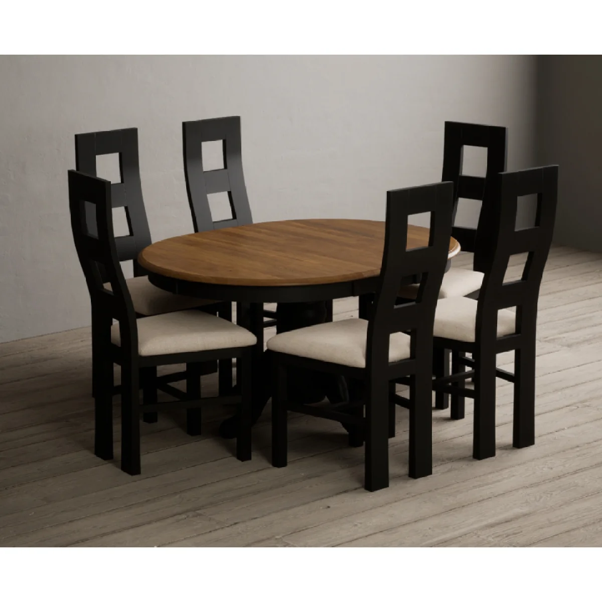 Extending Hertford 100cm - 130cm Oak and Black Painted Pedestal Dining Table with 6 Linen Painted Chairs – image 7