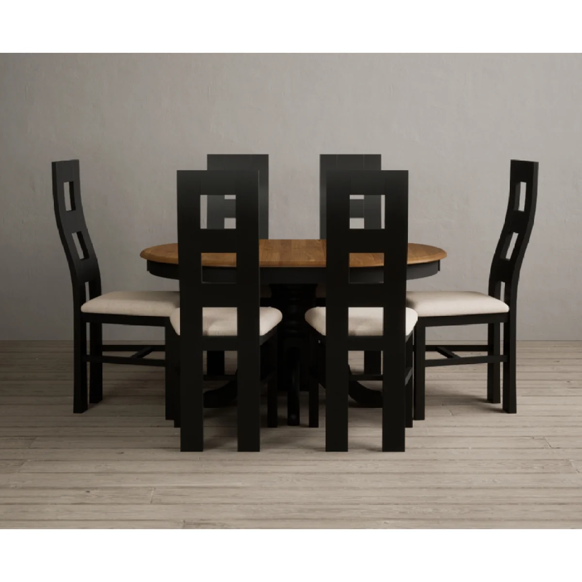 Extending Hertford 100cm - 130cm Oak and Black Painted Pedestal Dining Table with 6 Linen Painted Chairs – image 8