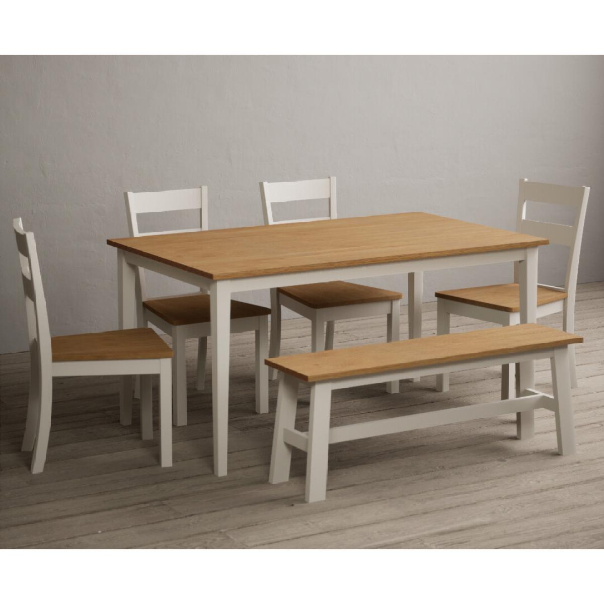 Kendal 150cm Solid Oak and Cream Painted Dining Table with 4 Blue Kendal Chairs with 2 Oak and Cream Benches – image 3