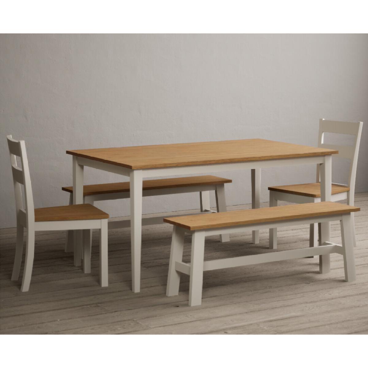 Kendal 150cm Solid Oak and Cream Painted Dining Table with 4 Blue Kendal Chairs with 2 Oak and Cream Benches – image 4