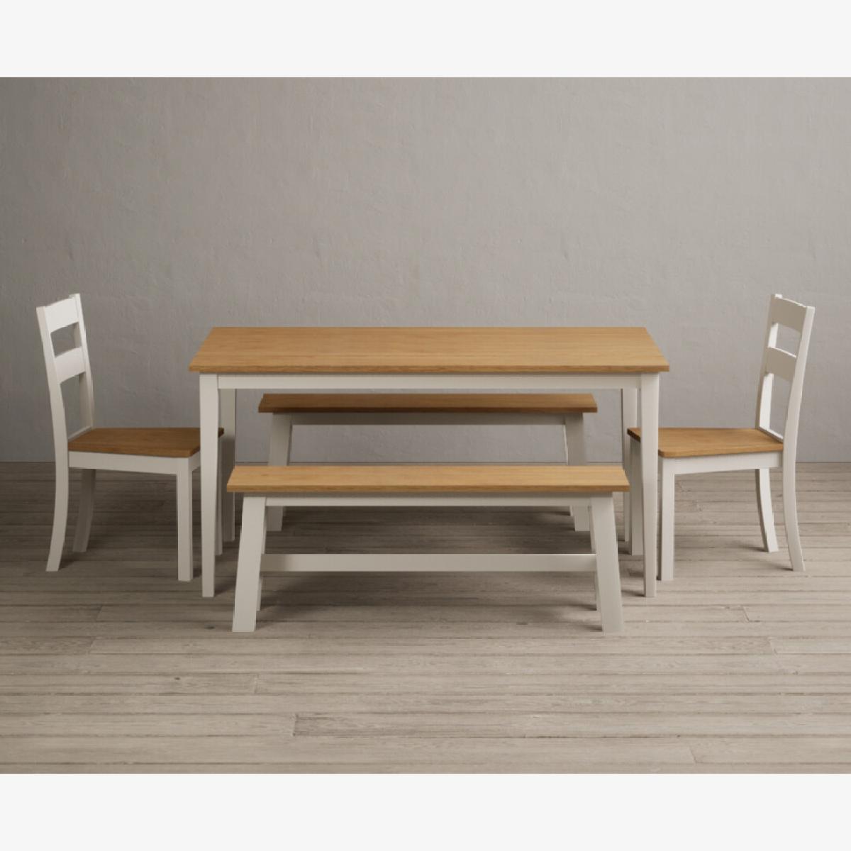 Kendal 150cm Solid Oak and Cream Painted Dining Table with 4 Blue Kendal Chairs with 2 Oak and Cream Benches – image 1