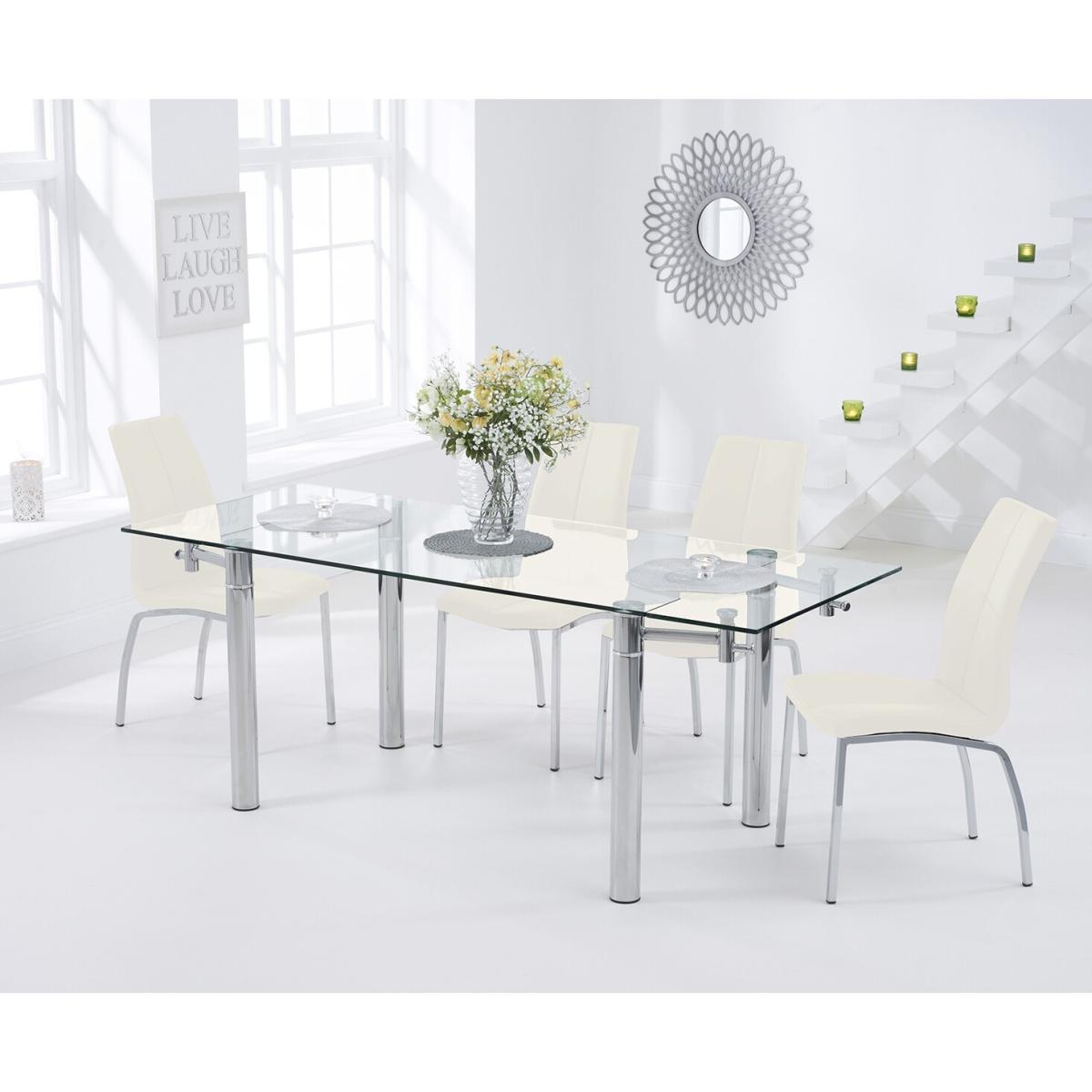 Ex-display Geneva 140cm Glass Extending Dining Table with 4 WHITE Cavello Chairs – image 1