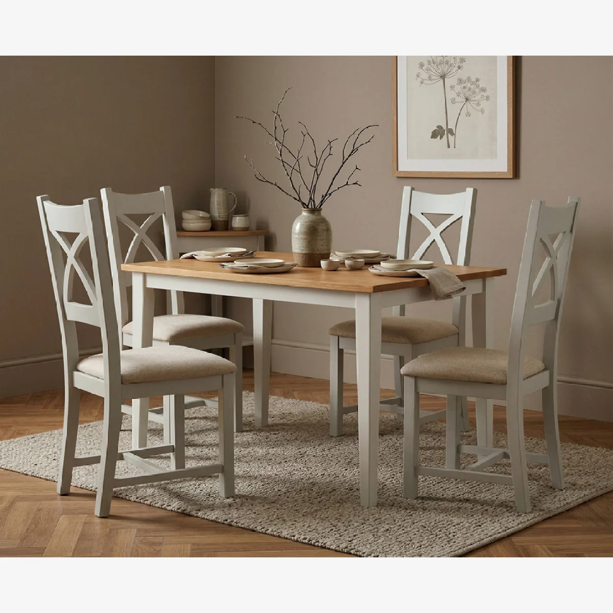 Kendal 115cm Solid Oak and Signal White Painted Dining Table with 4 Linen Painted Chairs