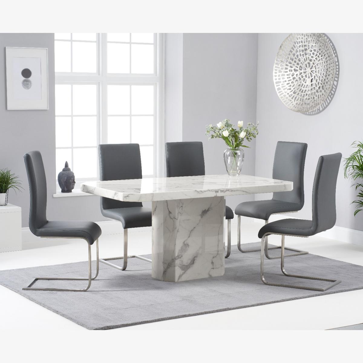 Belle 160cm White Marble Dining Table With 4 White Malaga Dining Chairs