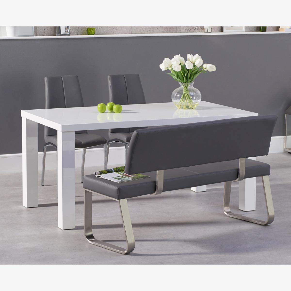 Seattle 160cm White High Gloss Dining Table with 4 Grey Marco Chairs with 1 Grey Bench – image 1