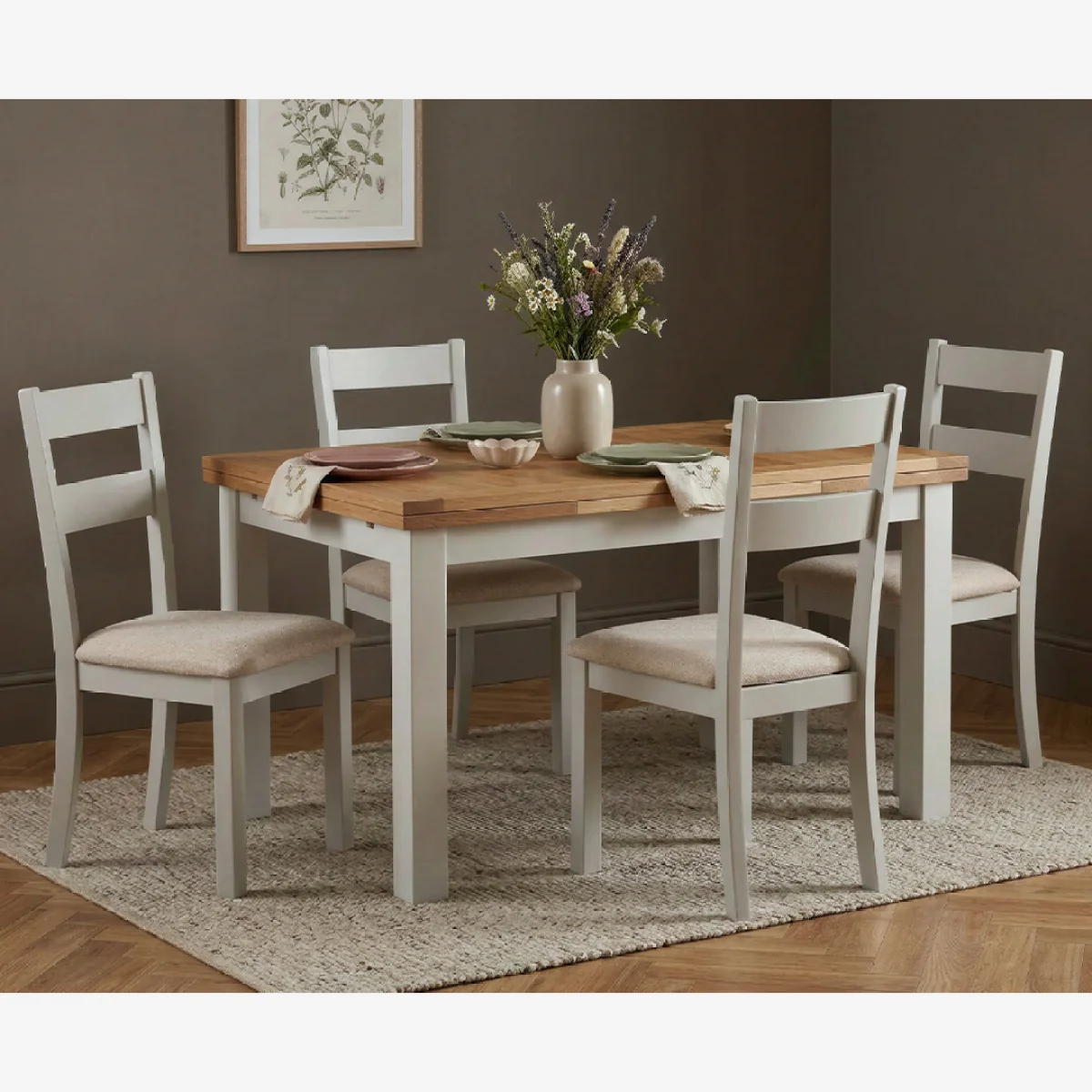 Extending Buxton 140cm Oak and Signal White Painted Dining Table with 4 Linen Kendal Chairs