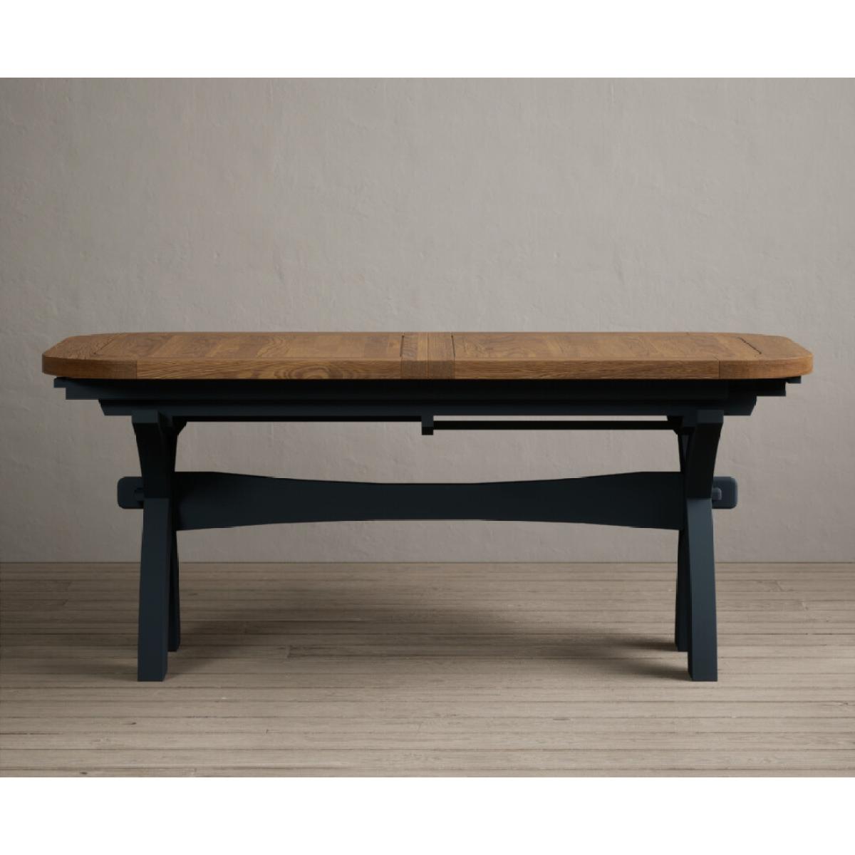 Atlas 180cm Oak and Dark Blue Extending Dining Table With 12 Blue X Back Chairs – image 19