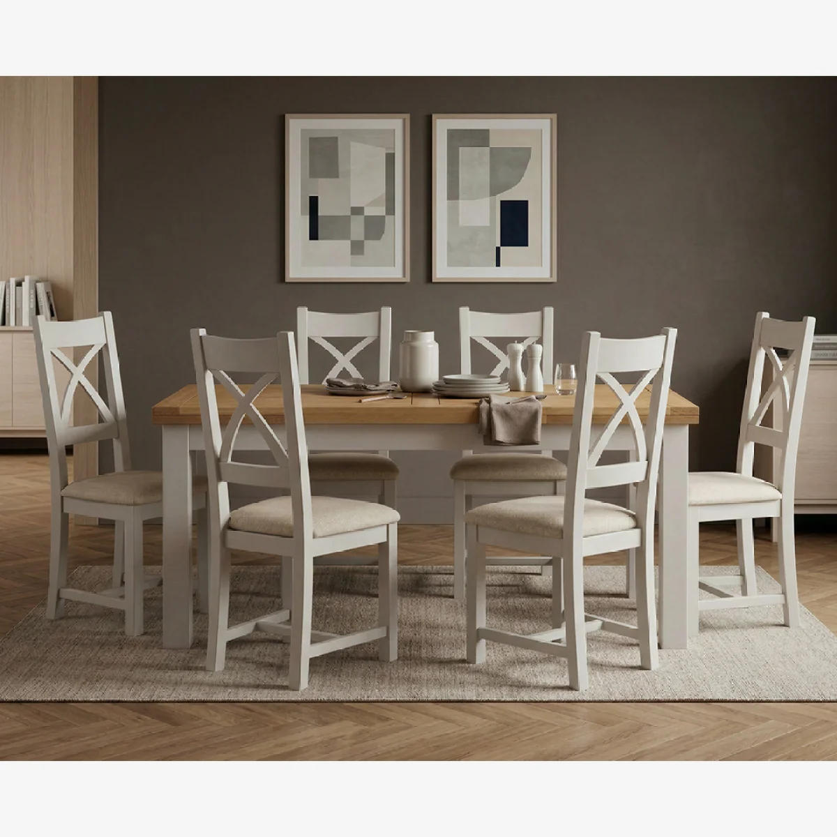 Extending Buxton 180cm Oak and Soft White Painted Dining Table with 6 Linen Painted Chairs