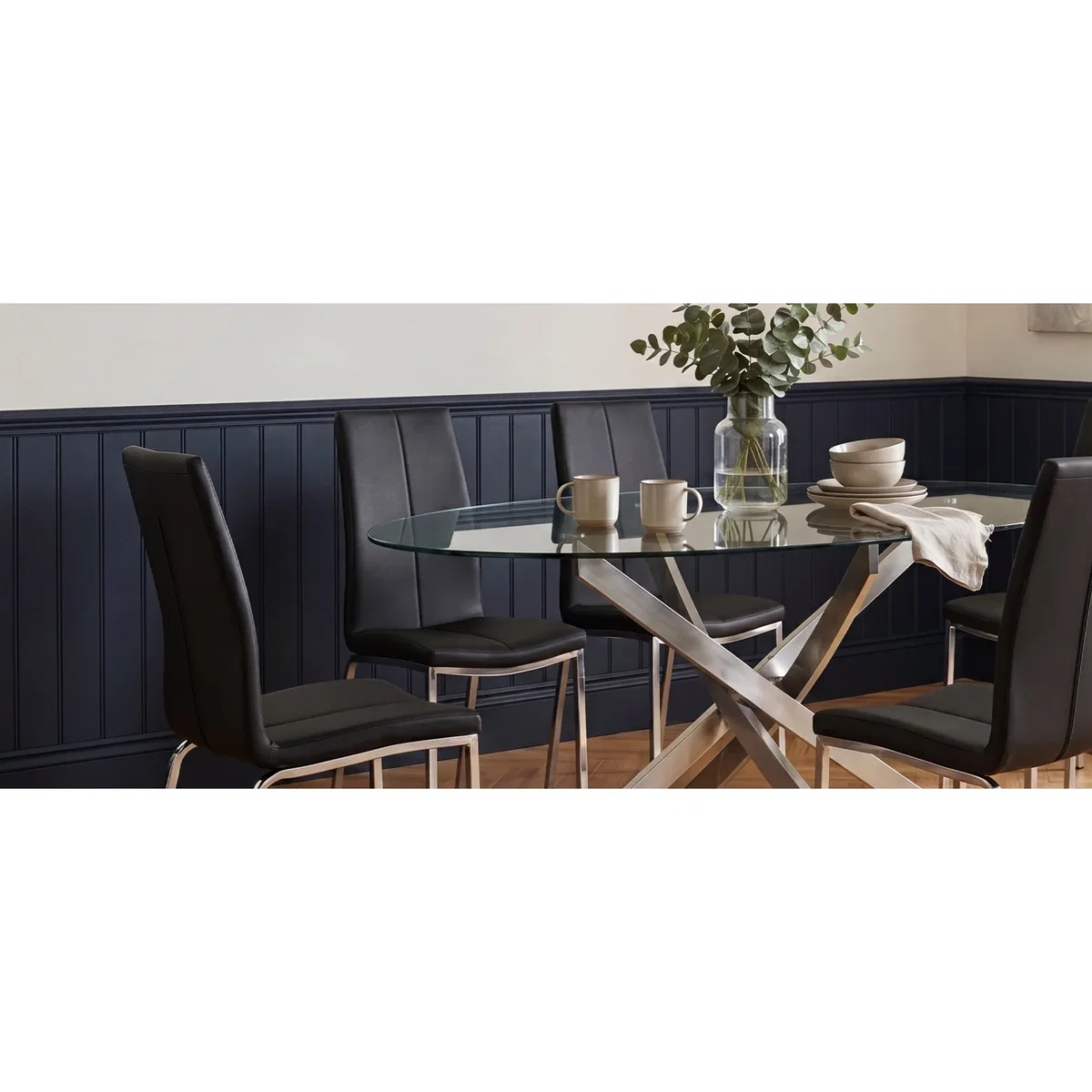 Bernini 165cm Oval Glass Dining Table with 6 Black Marco Chairs – image 5