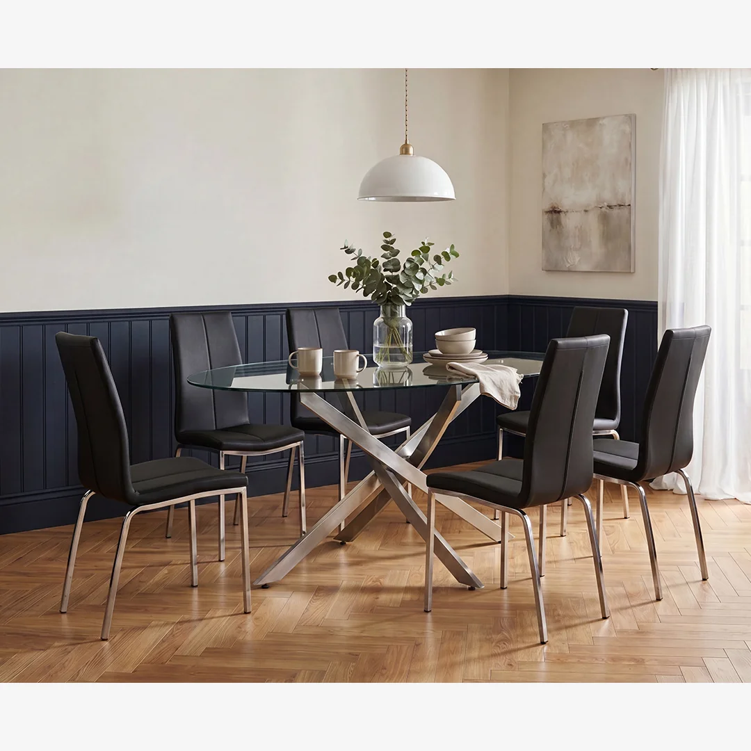 Bernini 165cm Oval Glass Dining Table with 6 Black Marco Chairs – image 1