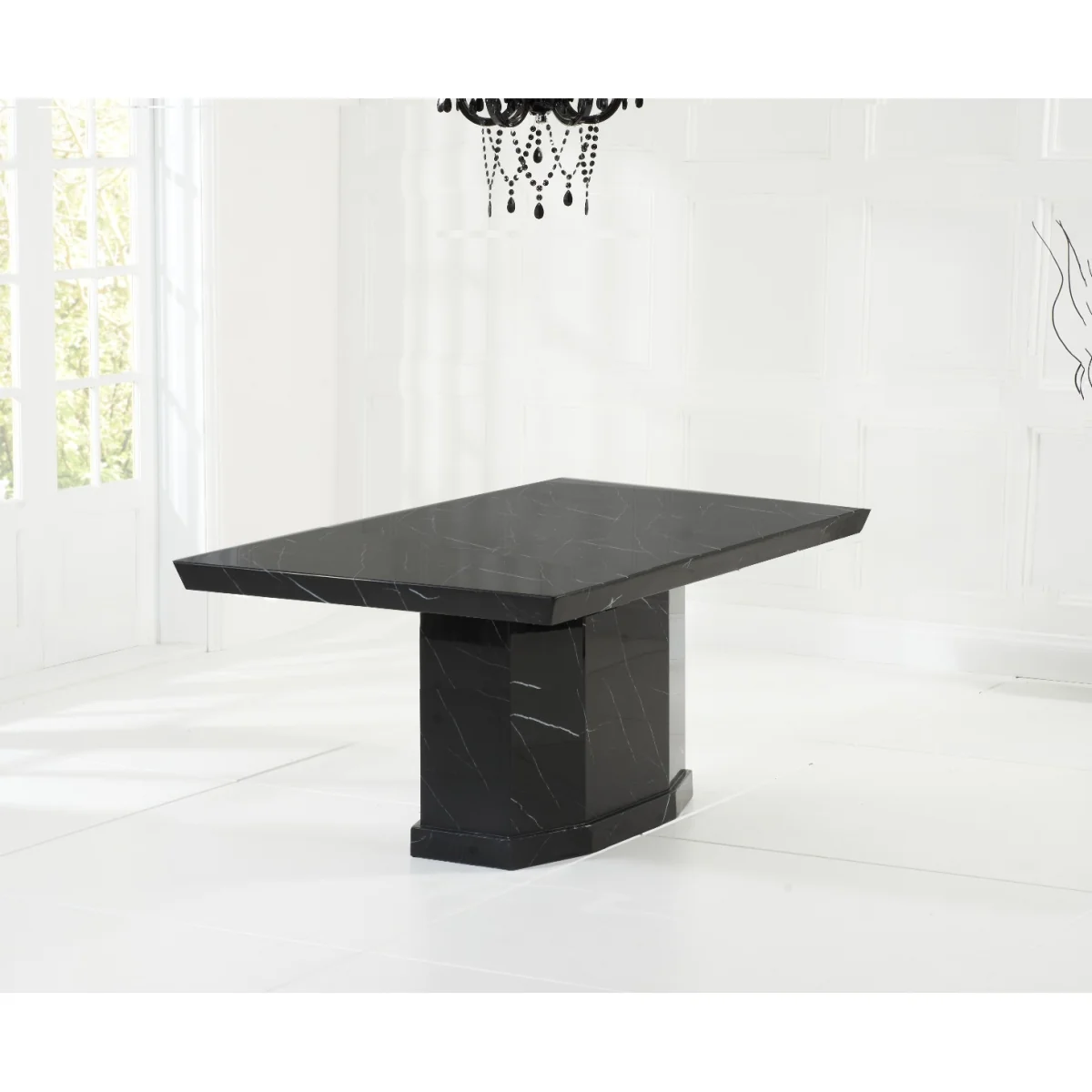 Carvelle 160cm Black Pedestal Marble Dining Table with 4 Grey Francesca Chairs – image 3