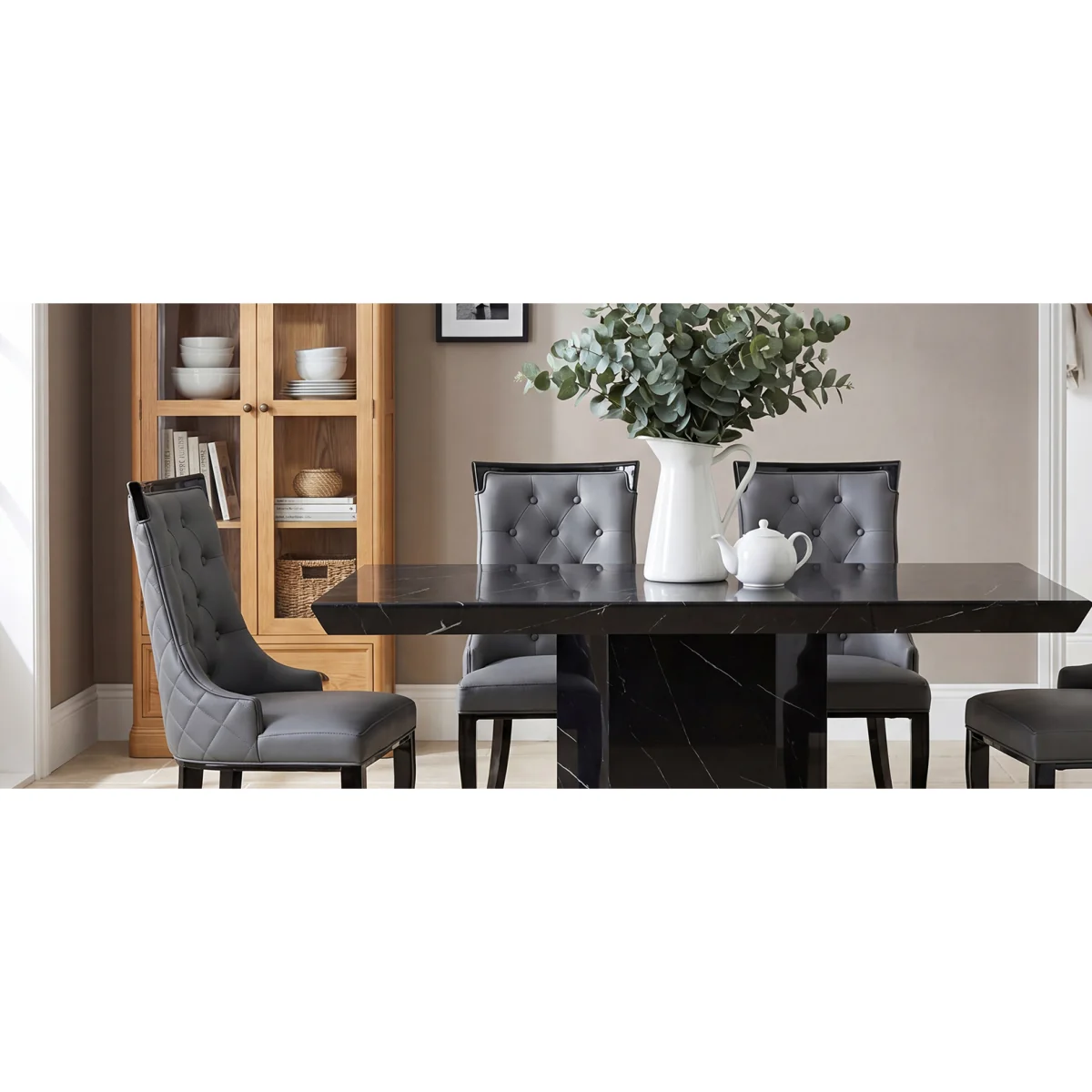 Carvelle 160cm Black Pedestal Marble Dining Table with 4 Grey Francesca Chairs – image 5