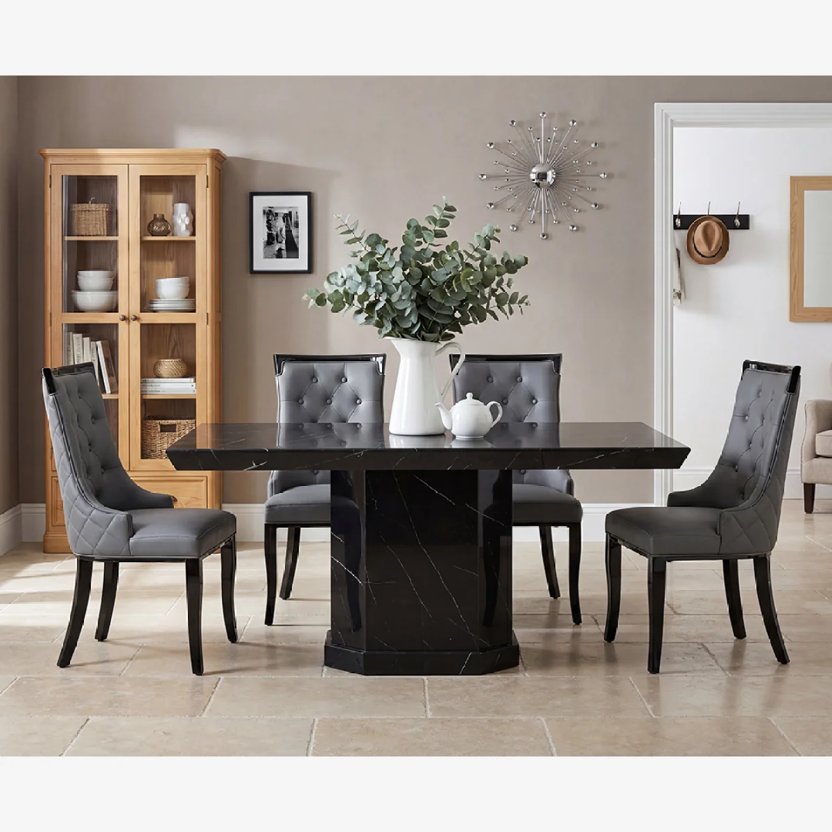 Carvelle 160cm Black Pedestal Marble Dining Table with 4 Grey Francesca Chairs – image 1