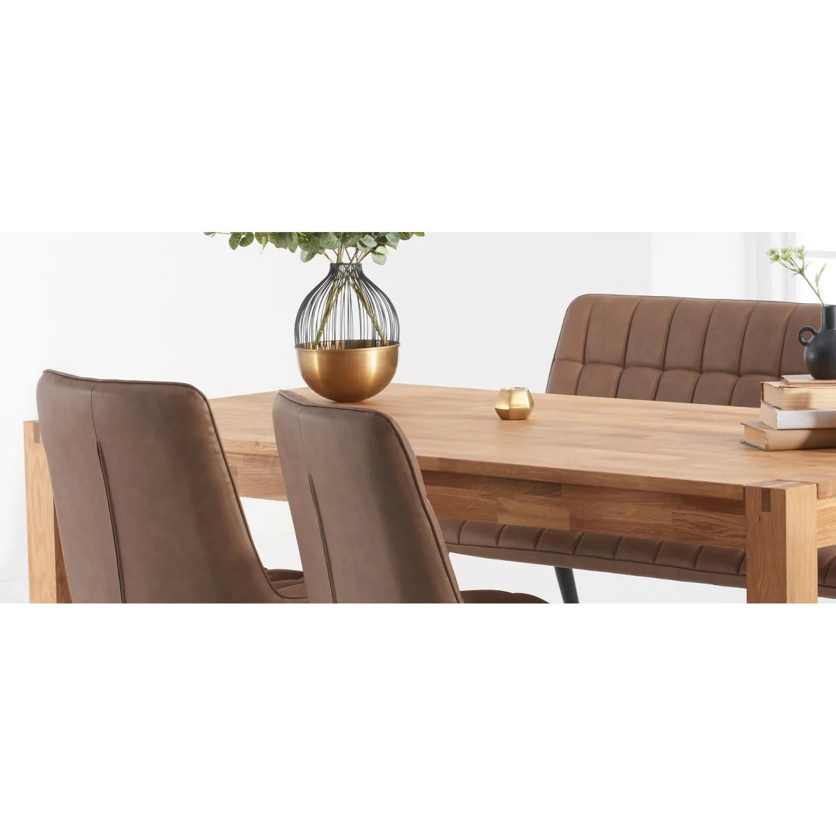 Extending Thetford 150cm Oak Table with 4 Brown Larson Chairs and 2 Brown Benches – image 7