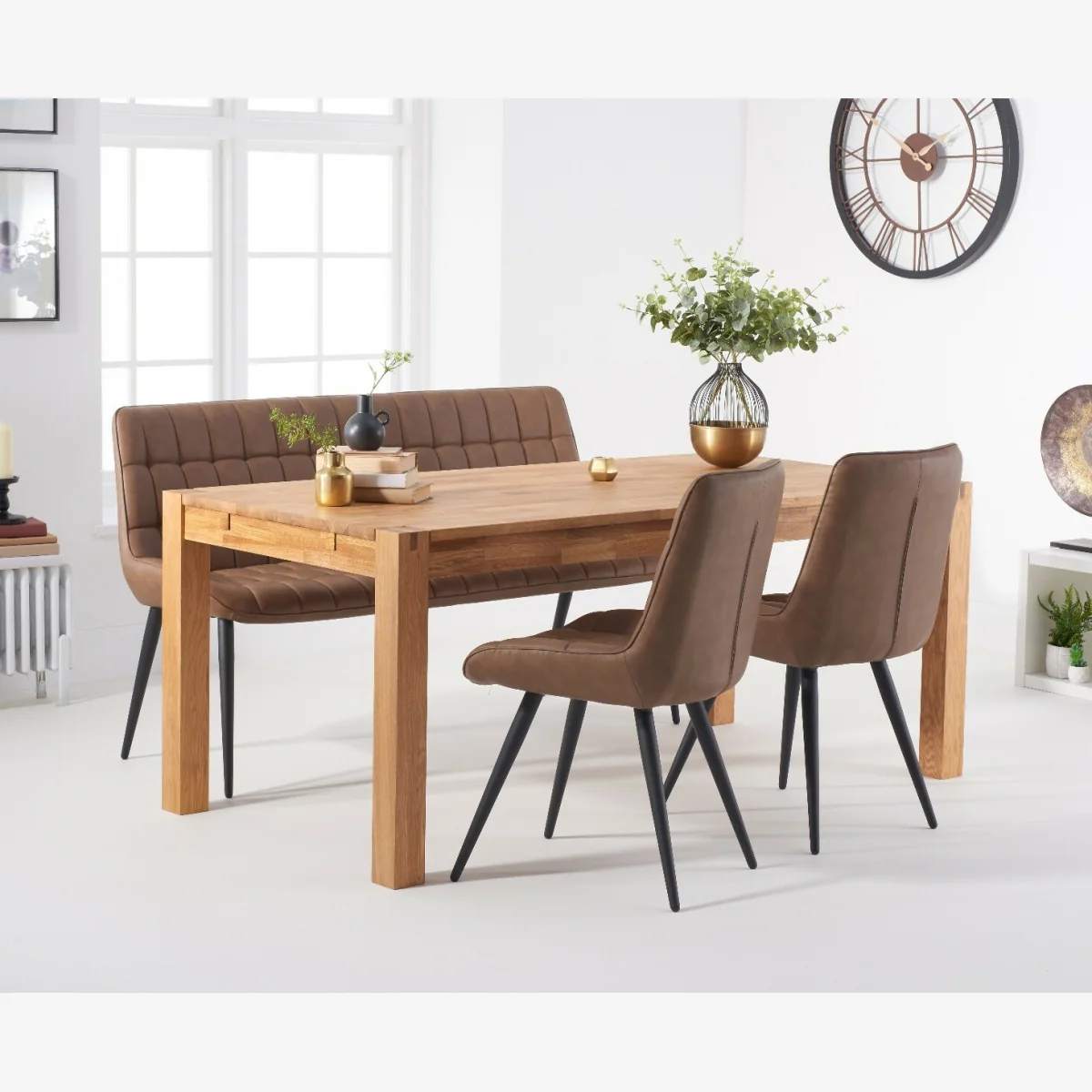 Extending Thetford 150cm Oak Table with 4 Brown Larson Chairs and 2 Brown Benches – image 1