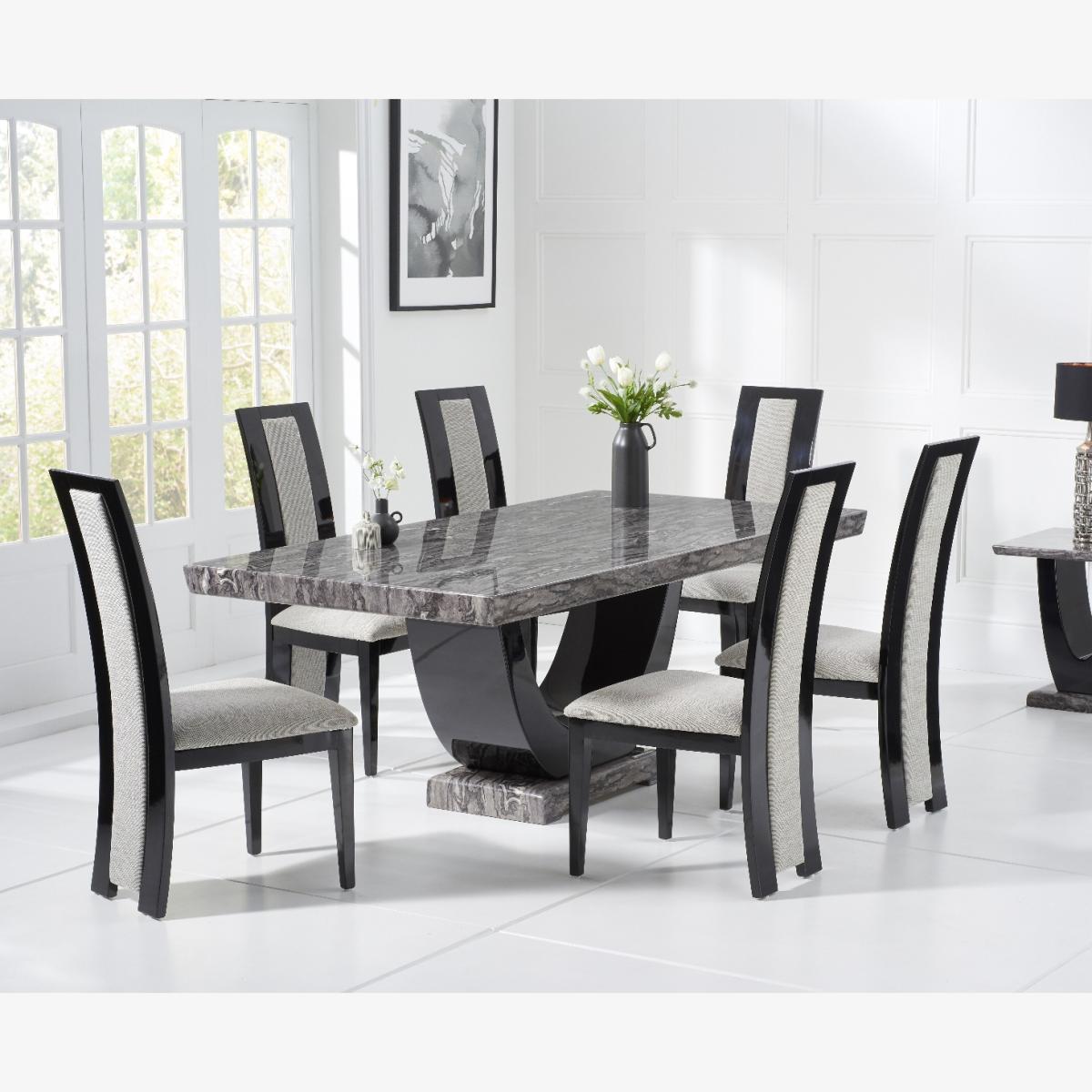 Raphael 170cm Dark Grey Pedestal Marble Dining Table With 6 Black Novara Chairs – image 1