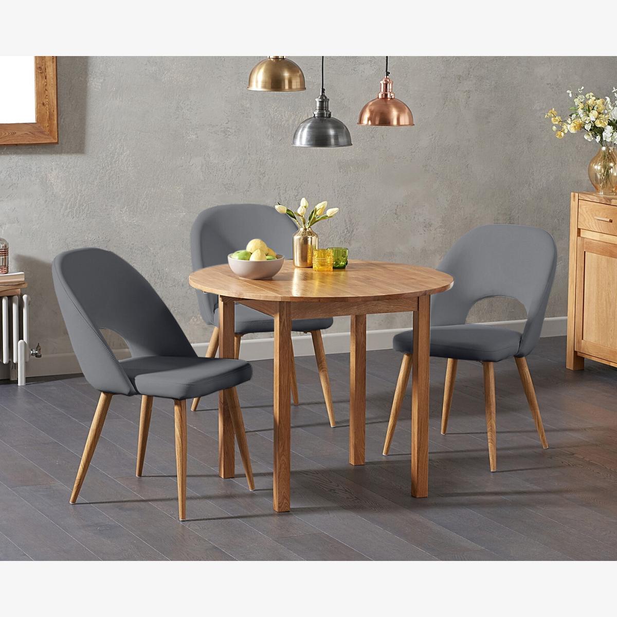 Extending York 90cm Solid Oak Drop Leaf Dining Table With 2 Grey Hudson Faux Leather Chairs – image 1