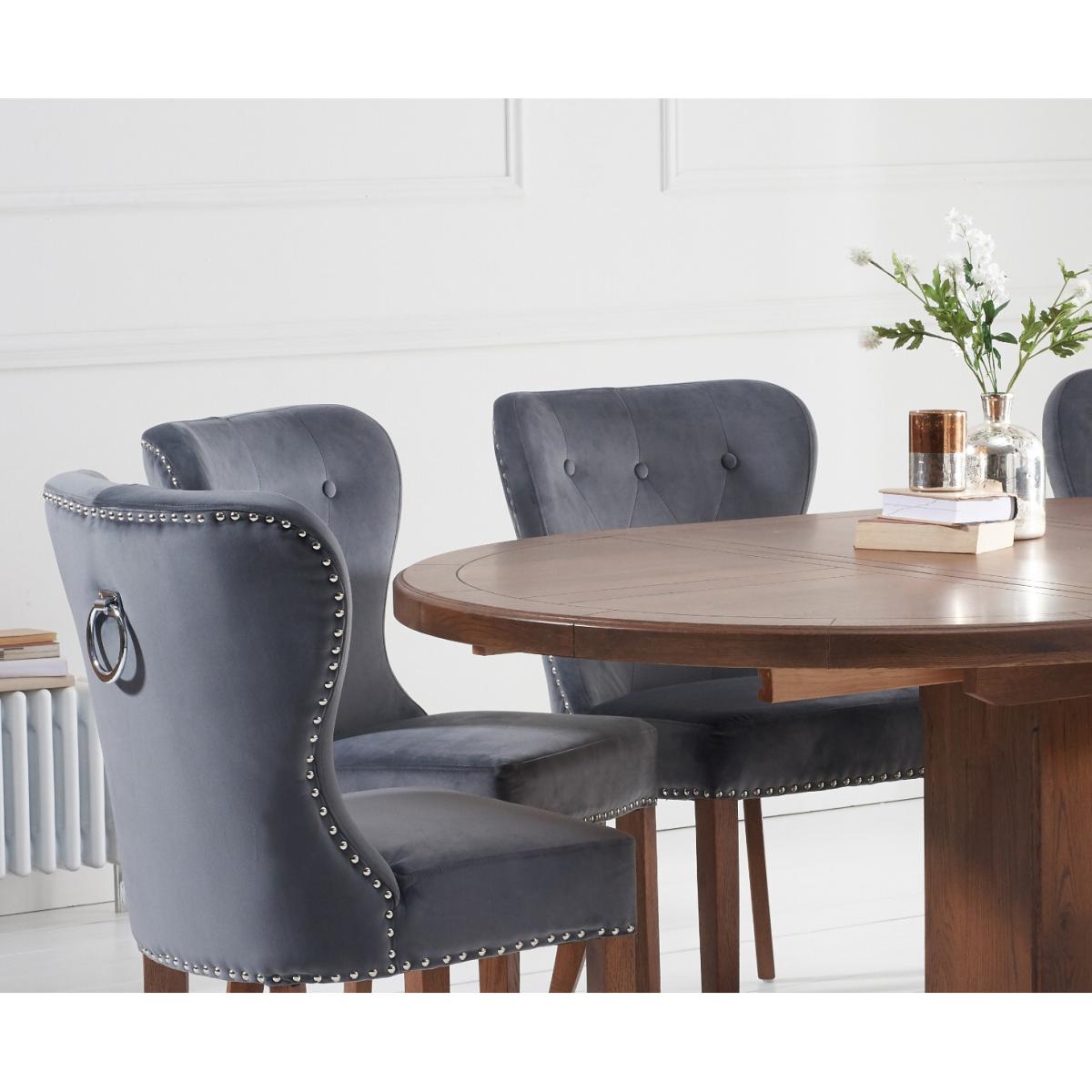Extending Helmsley Dark Oak Pedestal Dining Table with 4 Grey Keswick Chairs – image 2