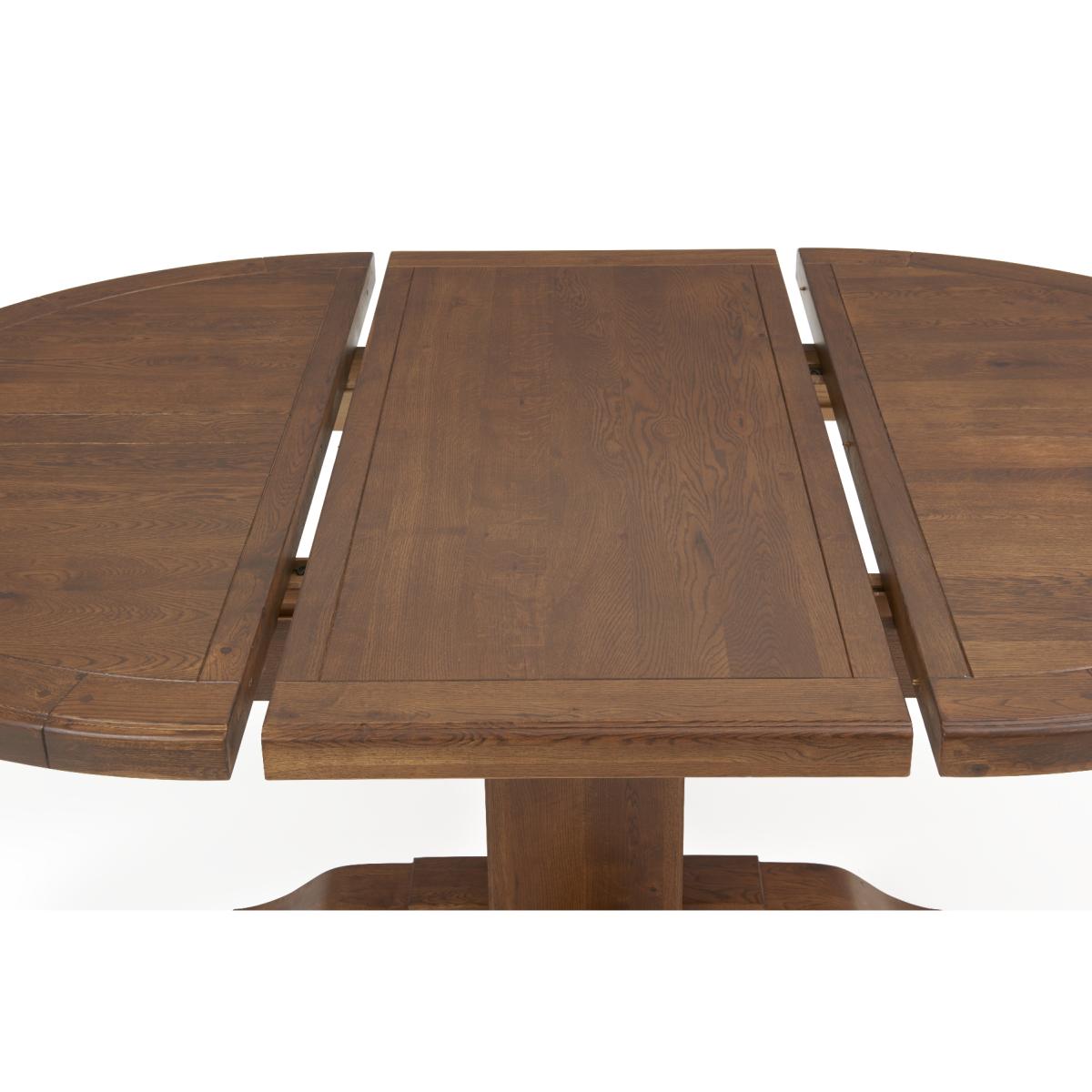 Extending Helmsley Dark Oak Pedestal Dining Table with 4 Grey Keswick Chairs – image 11