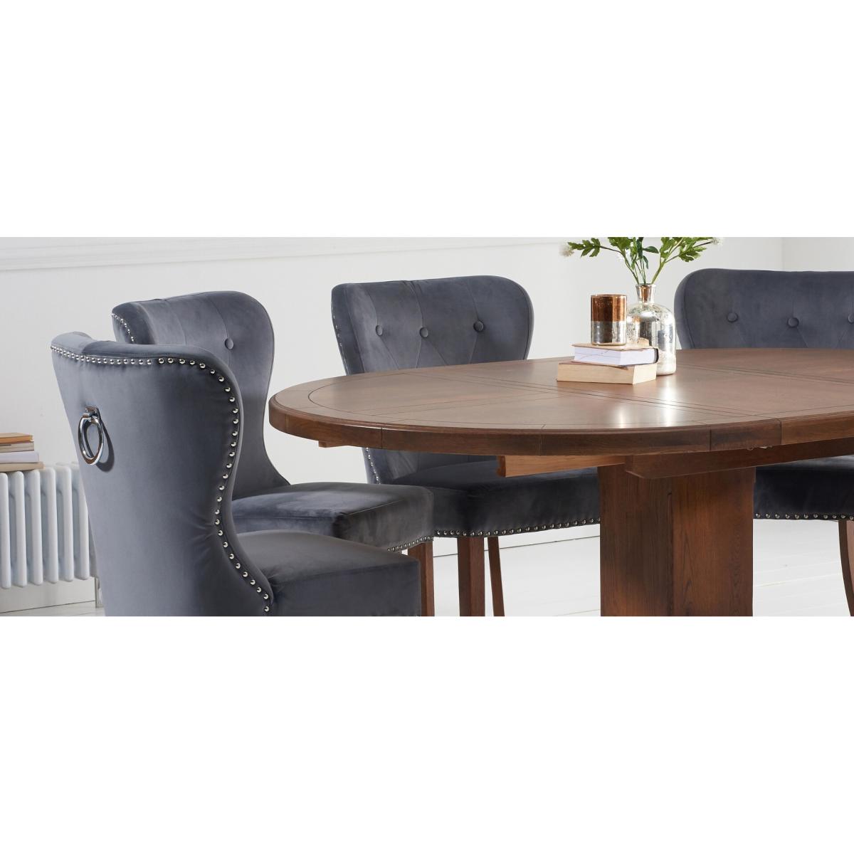 Extending Helmsley Dark Oak Pedestal Dining Table with 4 Grey Keswick Chairs – image 16