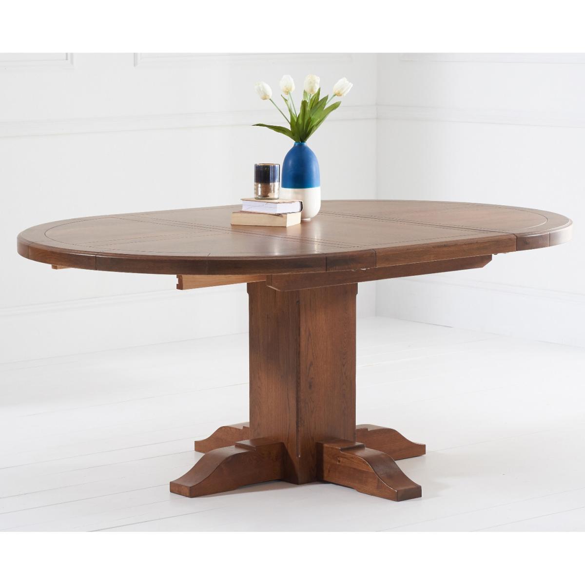 Extending Helmsley Dark Oak Pedestal Dining Table with 4 Grey Keswick Chairs – image 3