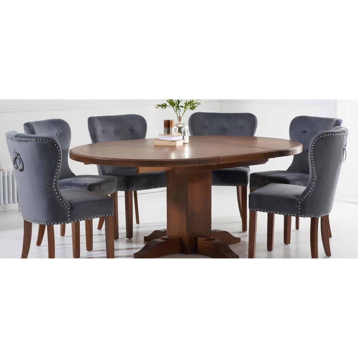 Extending Helmsley Dark Oak Pedestal Dining Table with 4 Grey Keswick Chairs – image 29