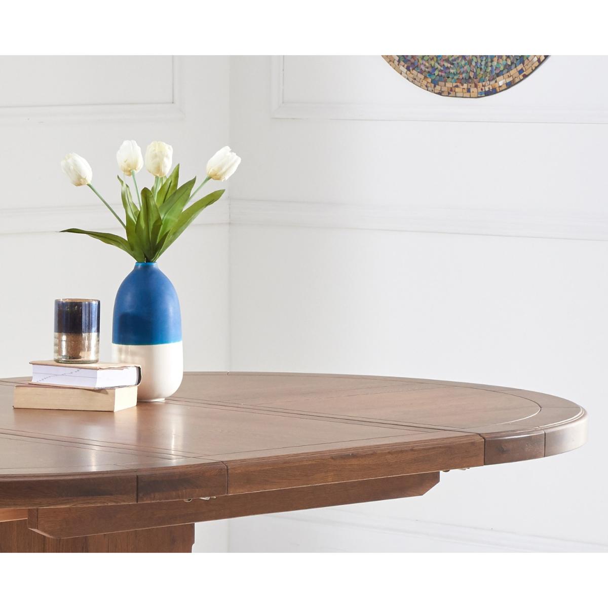 Extending Helmsley Dark Oak Pedestal Dining Table with 4 Grey Keswick Chairs – image 5
