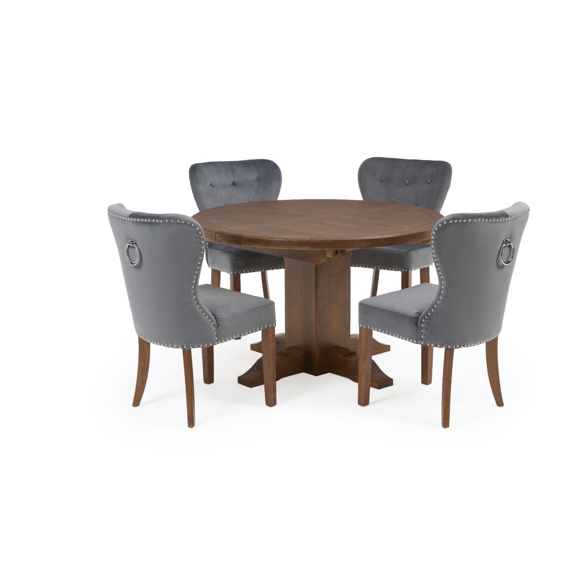 Extending Helmsley Dark Oak Pedestal Dining Table with 4 Grey Keswick Chairs – image 7