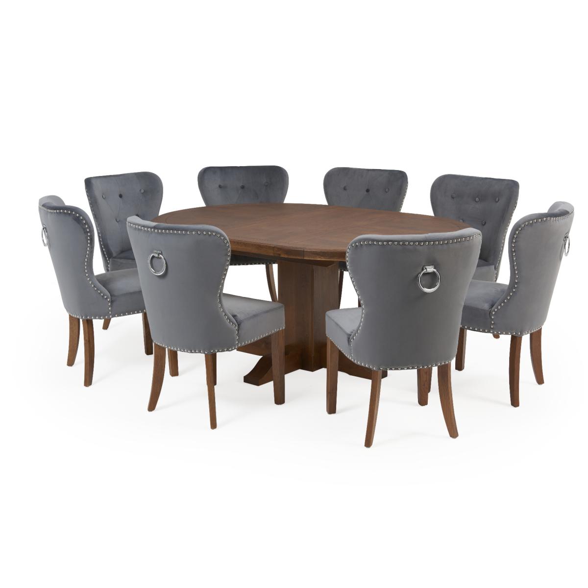 Extending Helmsley Dark Oak Pedestal Dining Table with 4 Grey Keswick Chairs – image 8