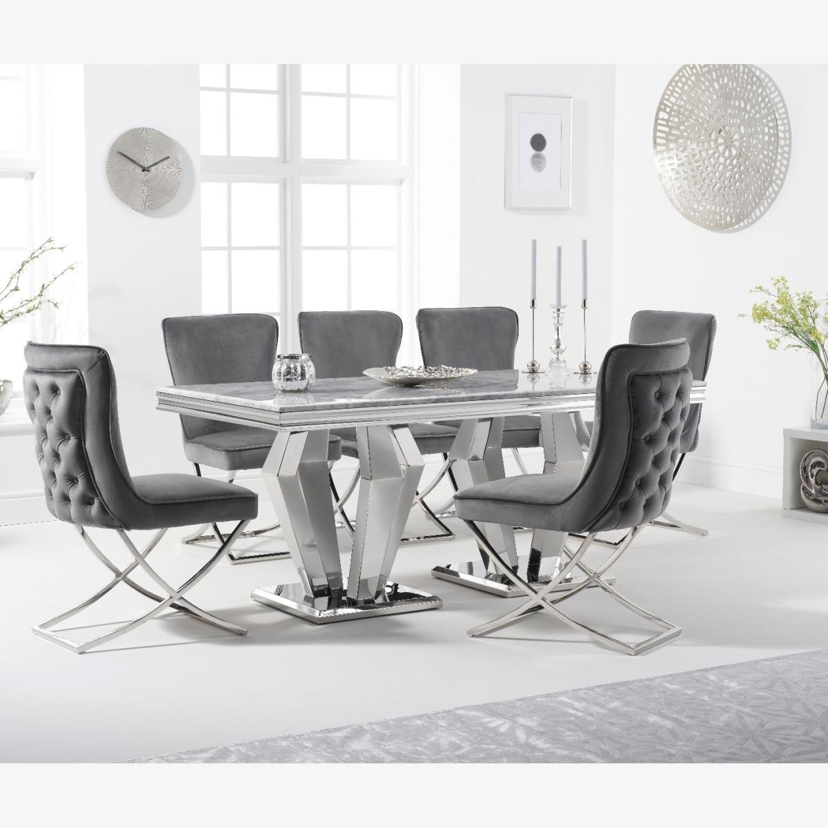 Viscount 180cm Marble Dining Table With 6 Grey Lorenzo Velvet Chairs – image 1