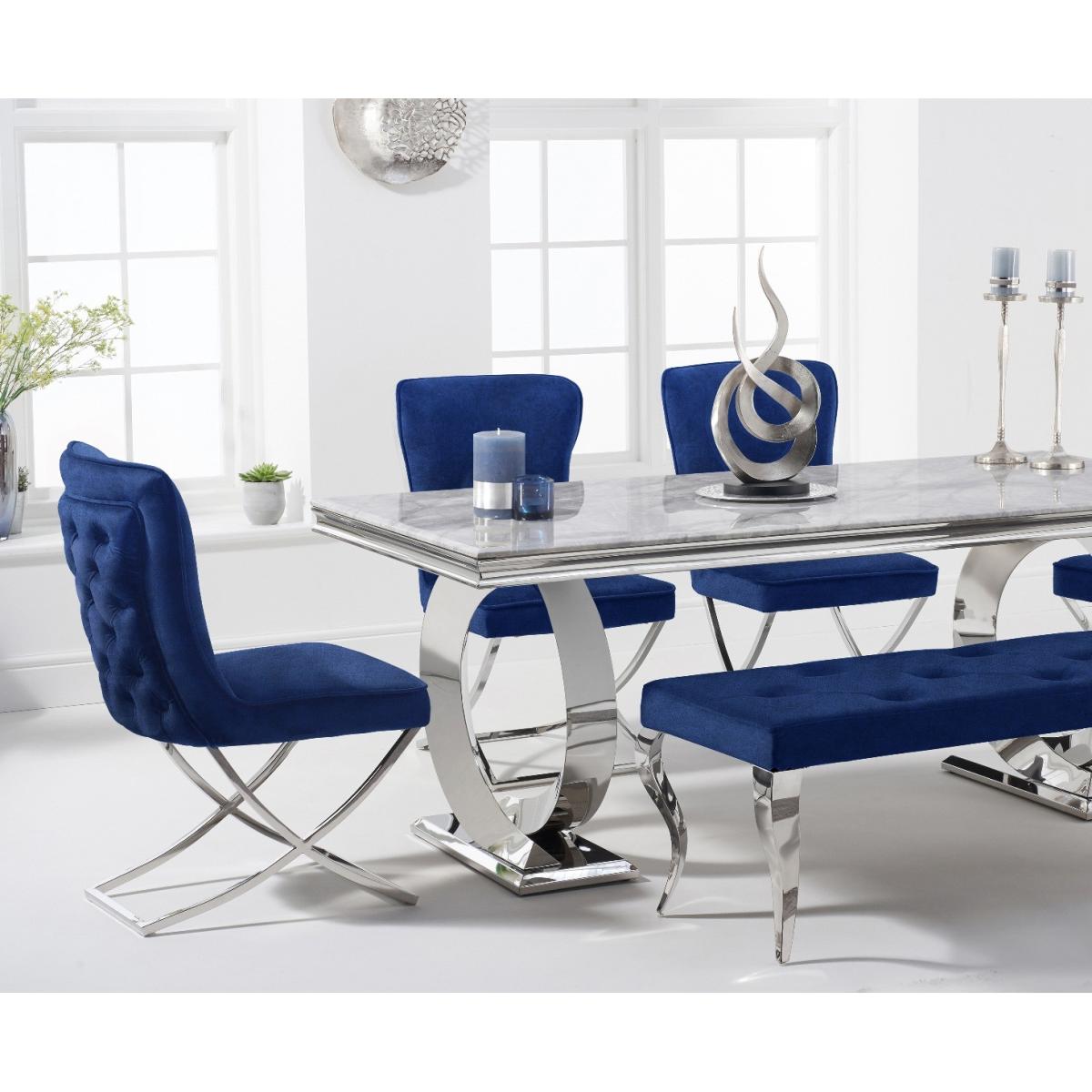 Hepburn 200cm Marble Dining Table with Giovanni Velvet Chairs and Blue Fitzrovia Bench - Grey, 2 Chairs – image 2