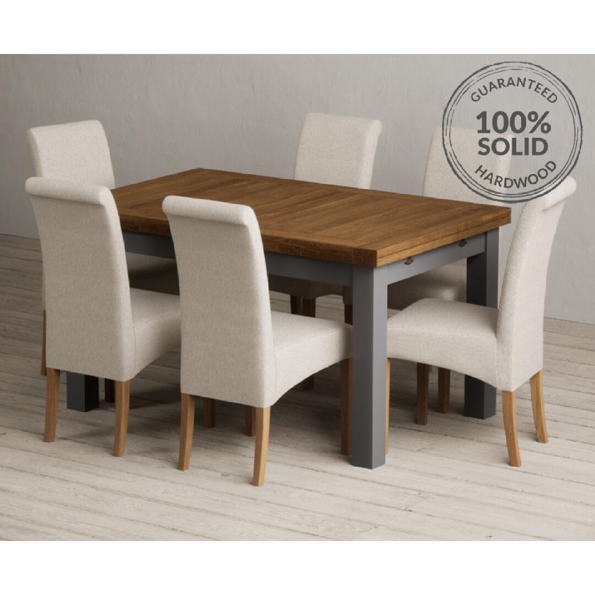 Extending Buxton 140cm Oak and Charcoal Grey Painted Dining Table with 6 Blue Scroll Back Chairs – image 2