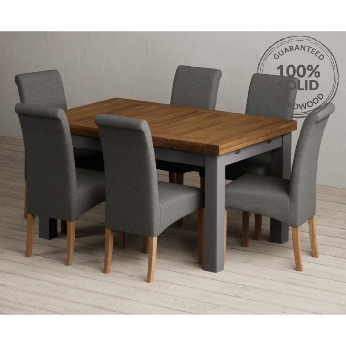 Extending Buxton 140cm Oak and Charcoal Grey Painted Dining Table with 6 Blue Scroll Back Chairs – image 18