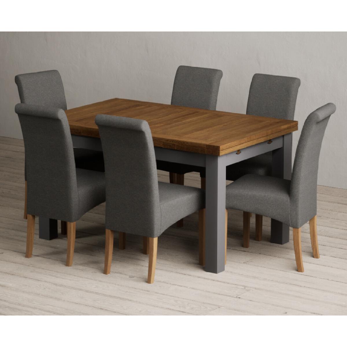 Extending Buxton 140cm Oak and Charcoal Grey Painted Dining Table with 6 Blue Scroll Back Chairs – image 19