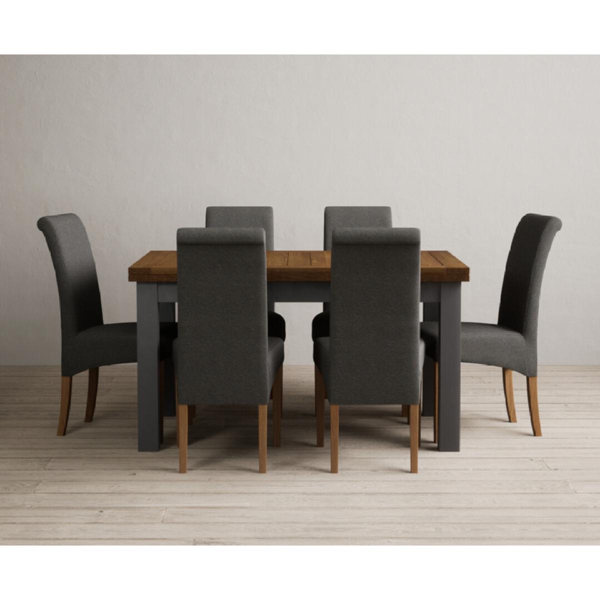 Extending Buxton 140cm Oak and Charcoal Grey Painted Dining Table with 6 Blue Scroll Back Chairs – image 20