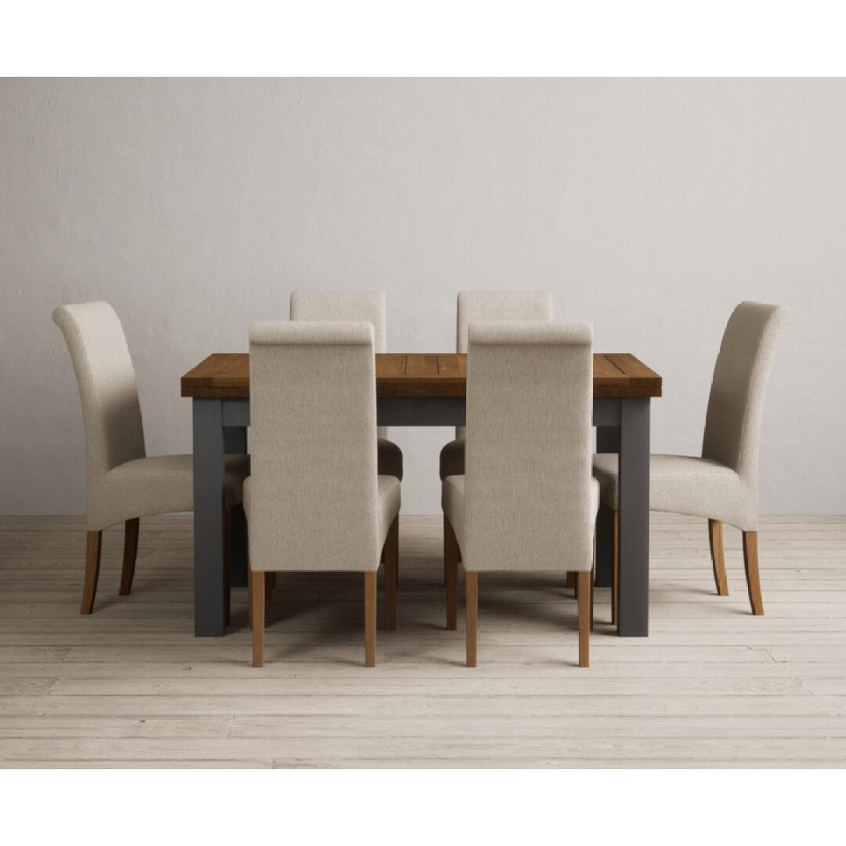Extending Buxton 140cm Oak and Charcoal Grey Painted Dining Table with 6 Blue Scroll Back Chairs – image 3