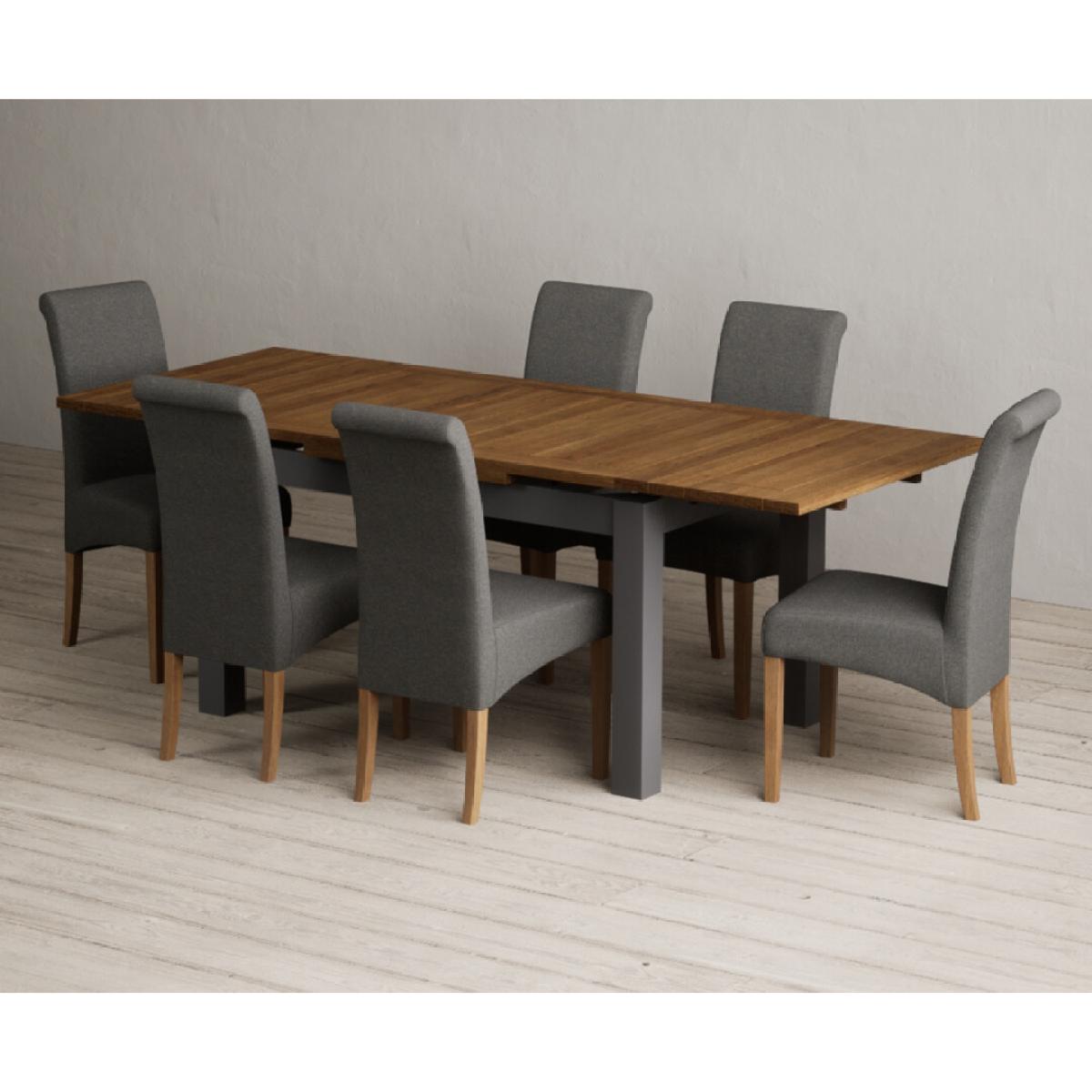 Extending Buxton 140cm Oak and Charcoal Grey Painted Dining Table with 6 Blue Scroll Back Chairs – image 25