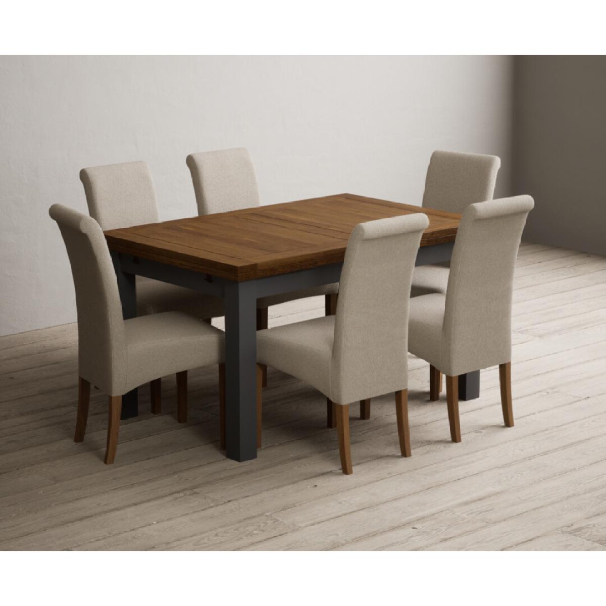 Extending Buxton 140cm Oak and Charcoal Grey Painted Dining Table with 6 Blue Scroll Back Chairs – image 4