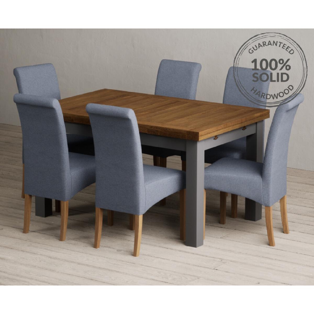Extending Buxton 140cm Oak and Charcoal Grey Painted Dining Table with 6 Blue Scroll Back Chairs – image 52