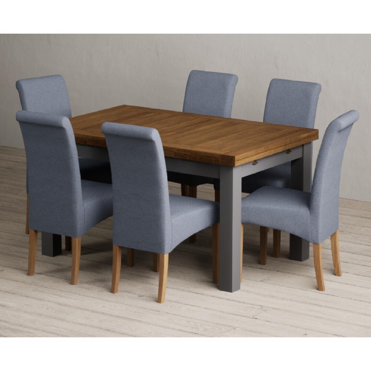 Extending Buxton 140cm Oak and Charcoal Grey Painted Dining Table with 6 Blue Scroll Back Chairs – image 53