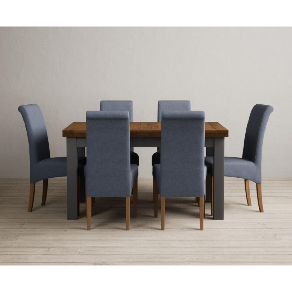 Extending Buxton 140cm Oak and Charcoal Grey Painted Dining Table with 6 Blue Scroll Back Chairs – image 54