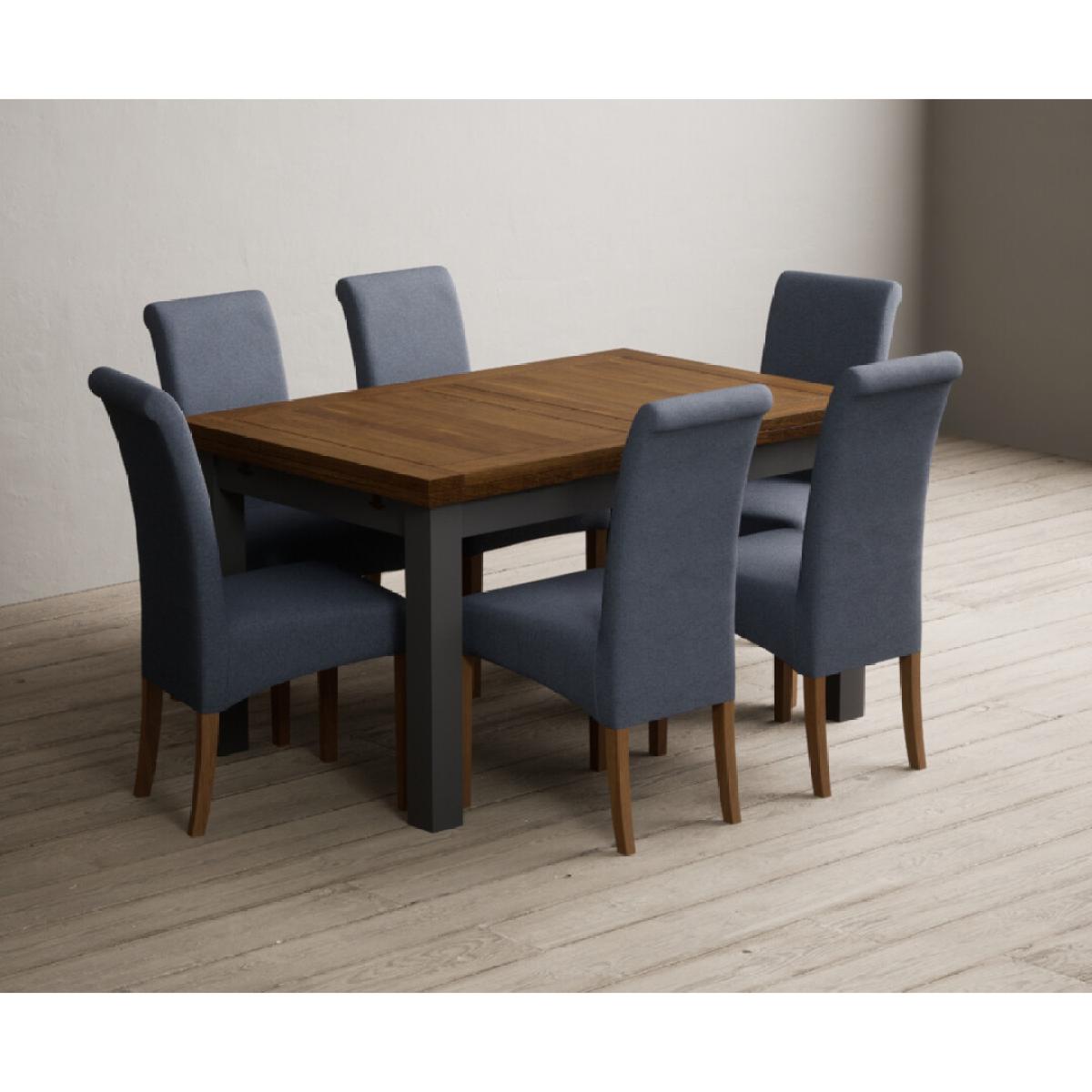 Extending Buxton 140cm Oak and Charcoal Grey Painted Dining Table with 6 Blue Scroll Back Chairs – image 55